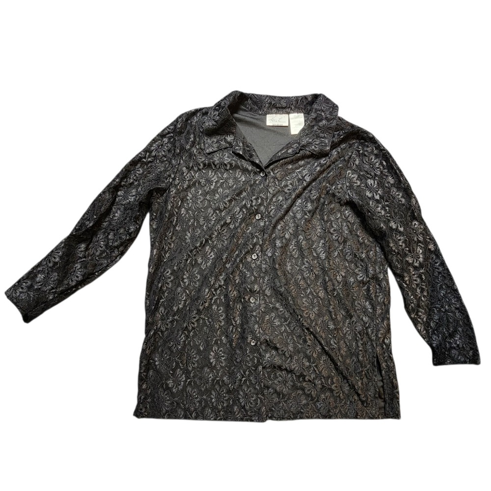 Kathie Lee 14/16 Blouse Black Lace Overlay Lined Button Sheer Sleeves Whimsigoth